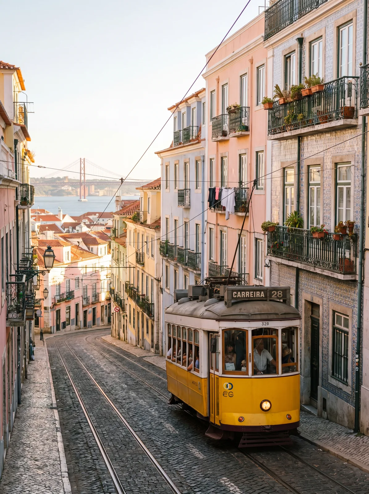 Le tram jaune dans les ruelles de Lisbonne